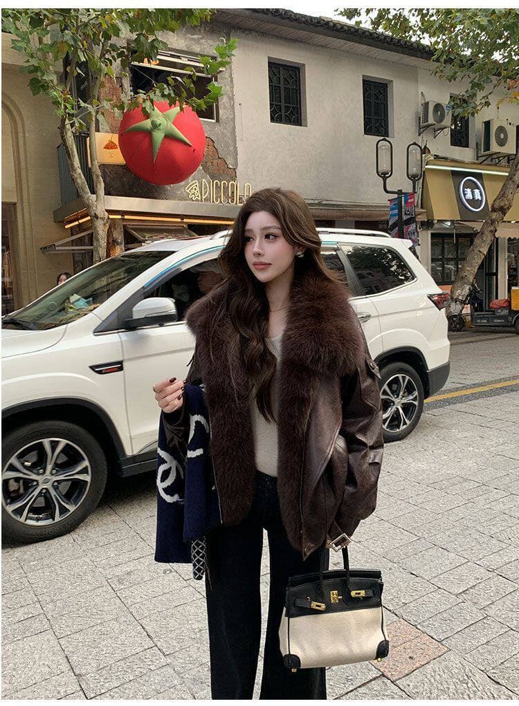 가을 겨울 고급 센스 검정색 pu 가죽 자켓 캐주얼 레트로 디자인 센스 다용도 섹션 폴로 칼라 큰 모피 칼라 가죽 재킷 상세 이미지 10