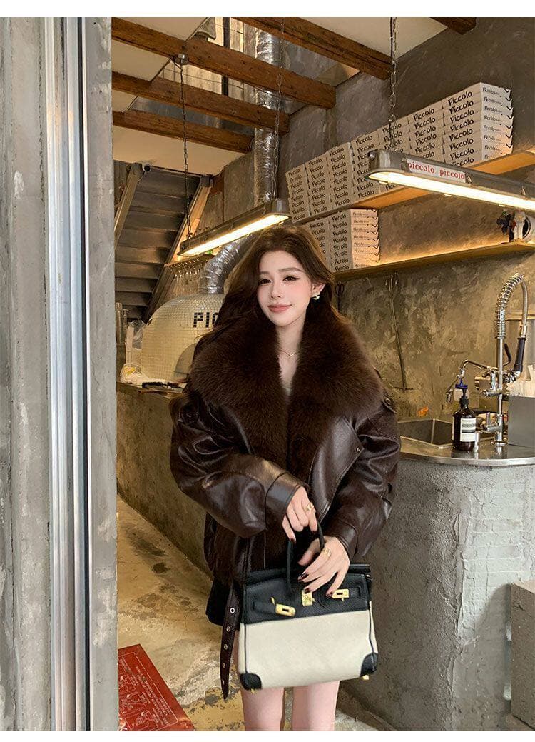 가을 겨울 고급 센스 검정색 pu 가죽 자켓 캐주얼 레트로 디자인 센스 다용도 섹션 폴로 칼라 큰 모피 칼라 가죽 재킷 상세 이미지 11
