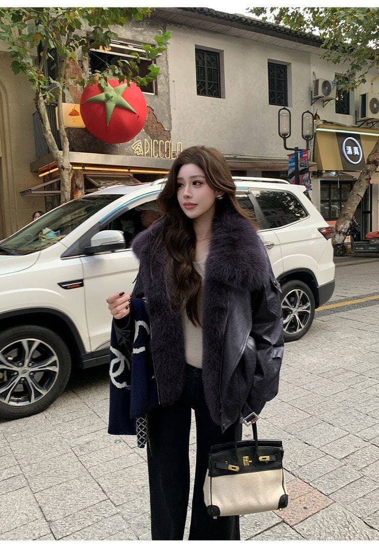 가을 겨울 고급 센스 검정색 pu 가죽 자켓 캐주얼 레트로 디자인 센스 다용도 섹션 폴로 칼라 큰 모피 칼라 가죽 재킷 상세 이미지 18