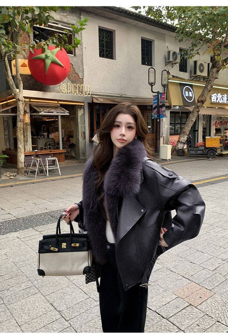가을 겨울 고급 센스 검정색 pu 가죽 자켓 캐주얼 레트로 디자인 센스 다용도 섹션 폴로 칼라 큰 모피 칼라 가죽 재킷 상세 이미지 20