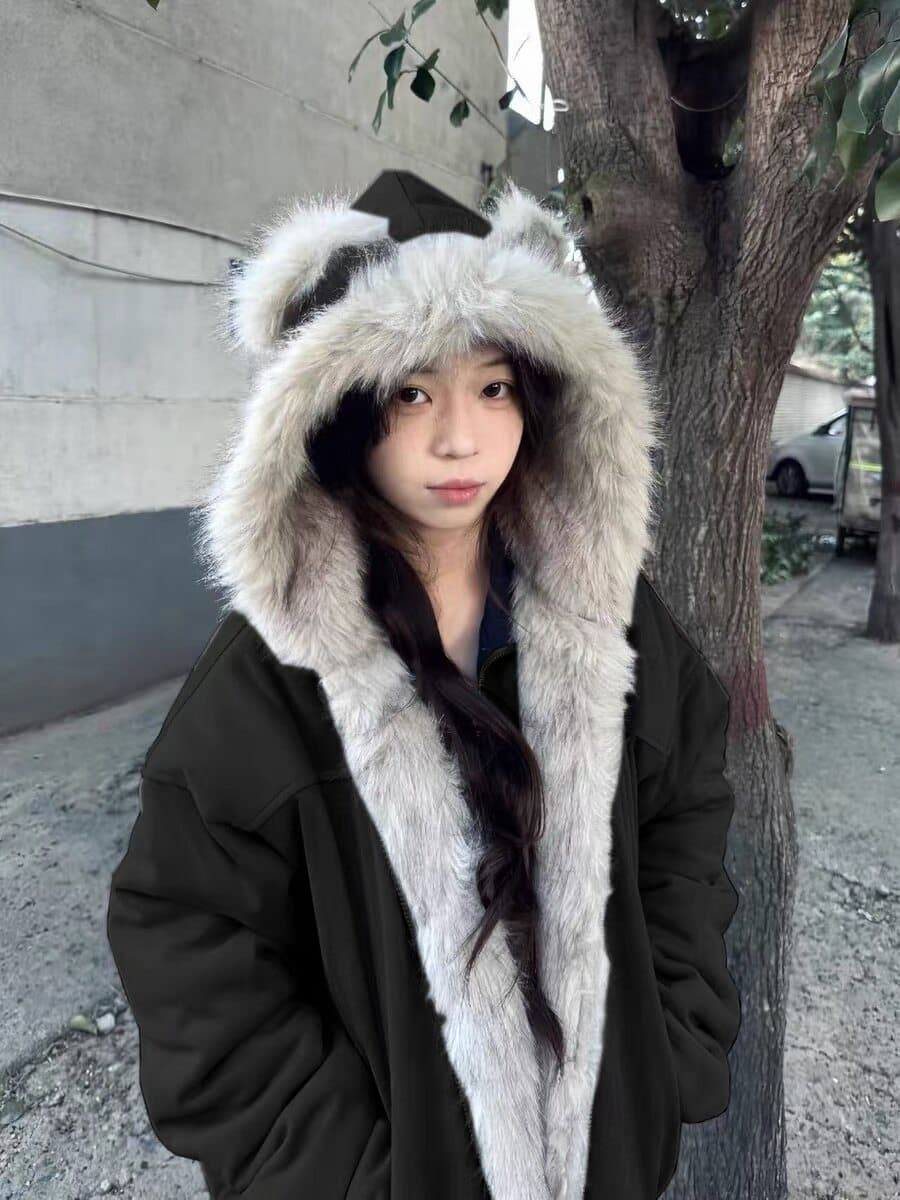 좌 산 조각 고양이 귀 머리 칼라 후드 면 의류 여성 겨울 새로운 아메리칸 쇼트 스타일 스웨이드 플리스 두꺼운 재킷 커플 상세 이미지 18