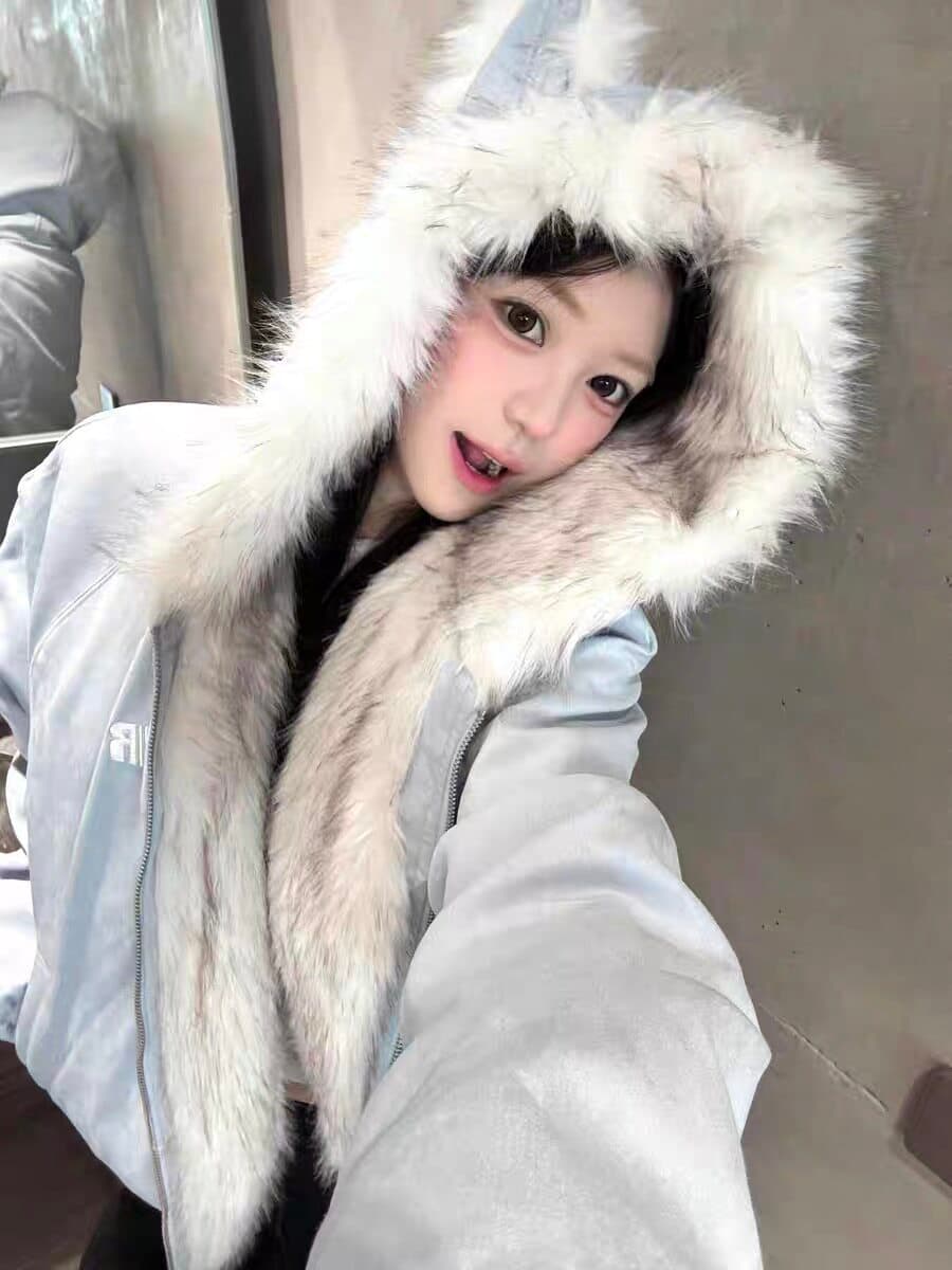 좌 산 조각 고양이 귀 머리 칼라 후드 면 의류 여성 겨울 새로운 아메리칸 쇼트 스타일 스웨이드 플리스 두꺼운 재킷 커플 상세 이미지 21