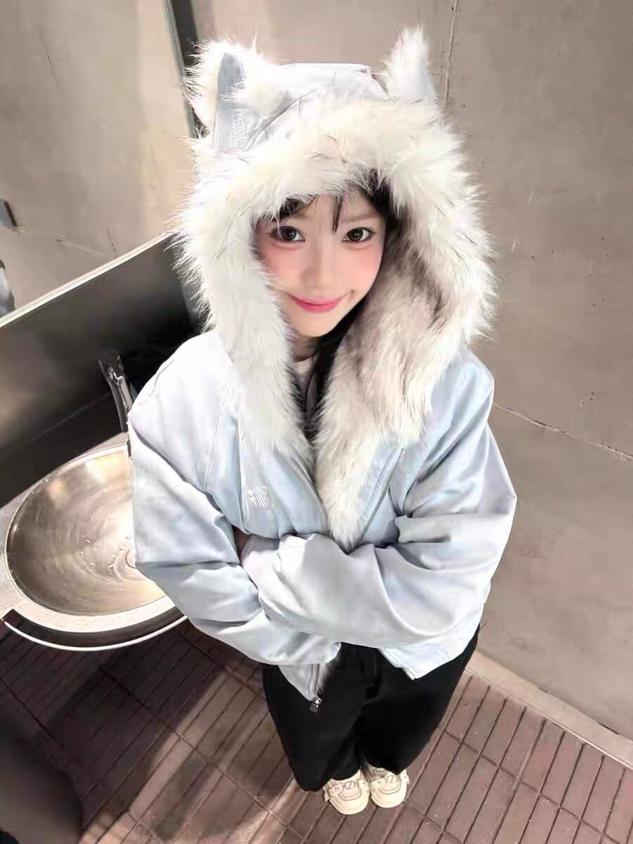 좌 산 조각 고양이 귀 머리 칼라 후드 면 의류 여성 겨울 새로운 아메리칸 쇼트 스타일 스웨이드 플리스 두꺼운 재킷 커플 상세 이미지 24