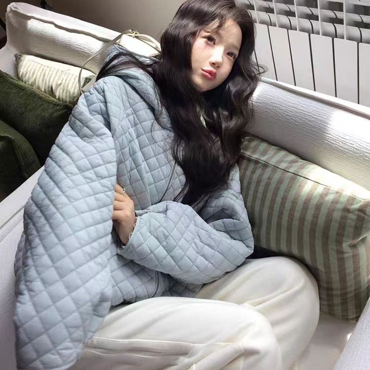 장 베이 베이 얇고 가벼운 버블 푸 링 그리드 후드 면 의류 루즈핏 슬림해 보이는 보온 한 부서 ins 바람 학생 면 옷 재킷 이미지 2