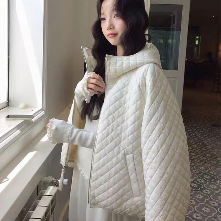 장 베이 베이 얇고 가벼운 버블 푸 링 그리드 후드 면 의류 루즈핏 슬림해 보이는 보온 한 부서 ins 바람 학생 면 옷 재킷 이미지 3