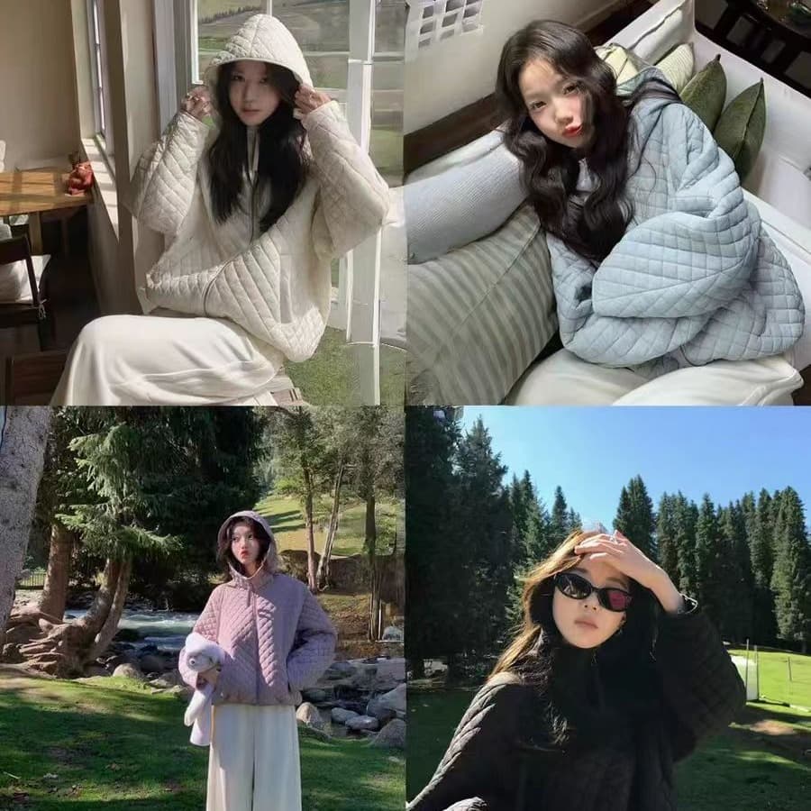 장 베이 베이 얇고 가벼운 버블 푸 링 그리드 후드 면 의류 루즈핏 슬림해 보이는 보온 한 부서 ins 바람 학생 면 옷 재킷 이미지 4