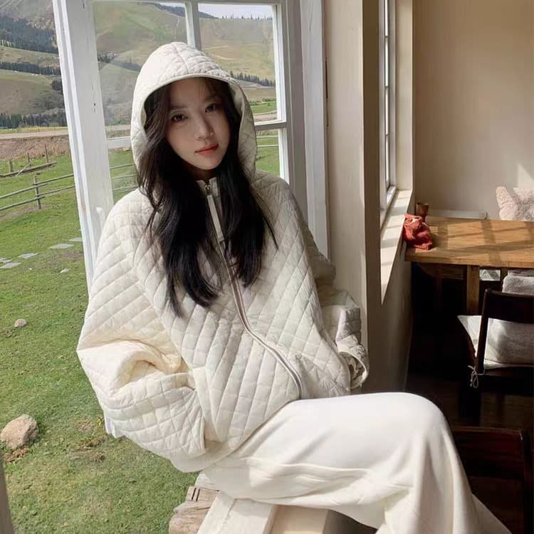 장 베이 베이 얇고 가벼운 버블 푸 링 그리드 후드 면 의류 루즈핏 슬림해 보이는 보온 한 부서 ins 바람 학생 면 옷 재킷 이미지 5