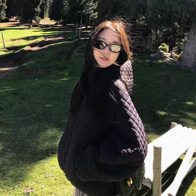 장 베이 베이 얇고 가벼운 버블 푸 링 그리드 후드 면 의류 루즈핏 슬림해 보이는 보온 한 부서 ins 바람 학생 면 옷 재킷 이미지 6