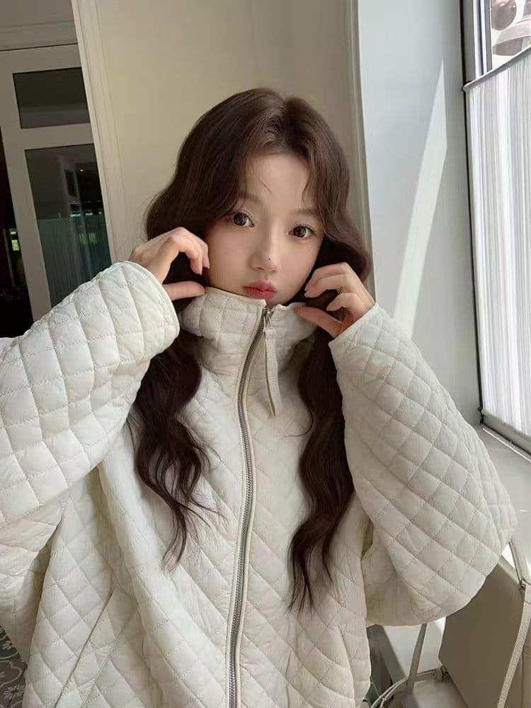 장 베이 베이 얇고 가벼운 버블 푸 링 그리드 후드 면 의류 루즈핏 슬림해 보이는 보온 한 부서 ins 바람 학생 면 옷 재킷 상세 이미지 4