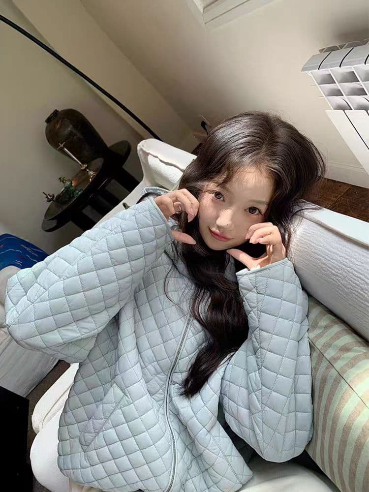 장 베이 베이 얇고 가벼운 버블 푸 링 그리드 후드 면 의류 루즈핏 슬림해 보이는 보온 한 부서 ins 바람 학생 면 옷 재킷 상세 이미지 8