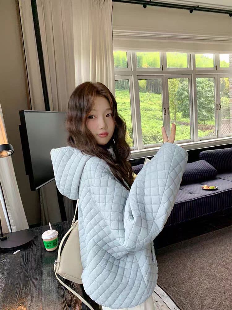 장 베이 베이 얇고 가벼운 버블 푸 링 그리드 후드 면 의류 루즈핏 슬림해 보이는 보온 한 부서 ins 바람 학생 면 옷 재킷 상세 이미지 10