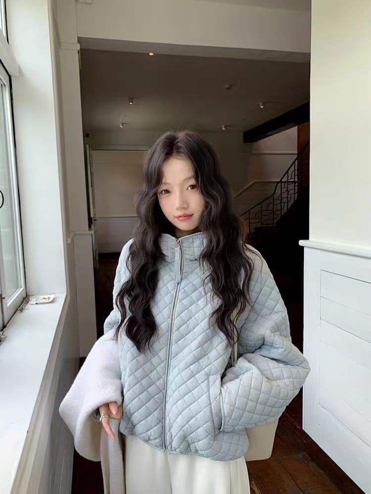 장 베이 베이 얇고 가벼운 버블 푸 링 그리드 후드 면 의류 루즈핏 슬림해 보이는 보온 한 부서 ins 바람 학생 면 옷 재킷 상세 이미지 13