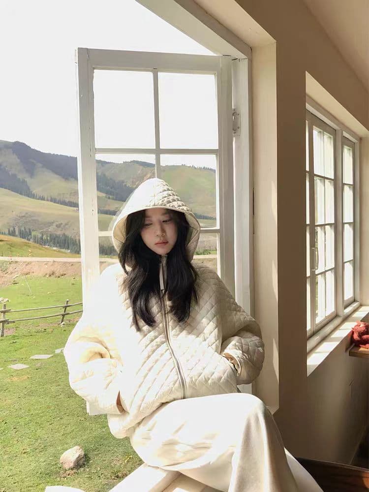 장 베이 베이 얇고 가벼운 버블 푸 링 그리드 후드 면 의류 루즈핏 슬림해 보이는 보온 한 부서 ins 바람 학생 면 옷 재킷 상세 이미지 15