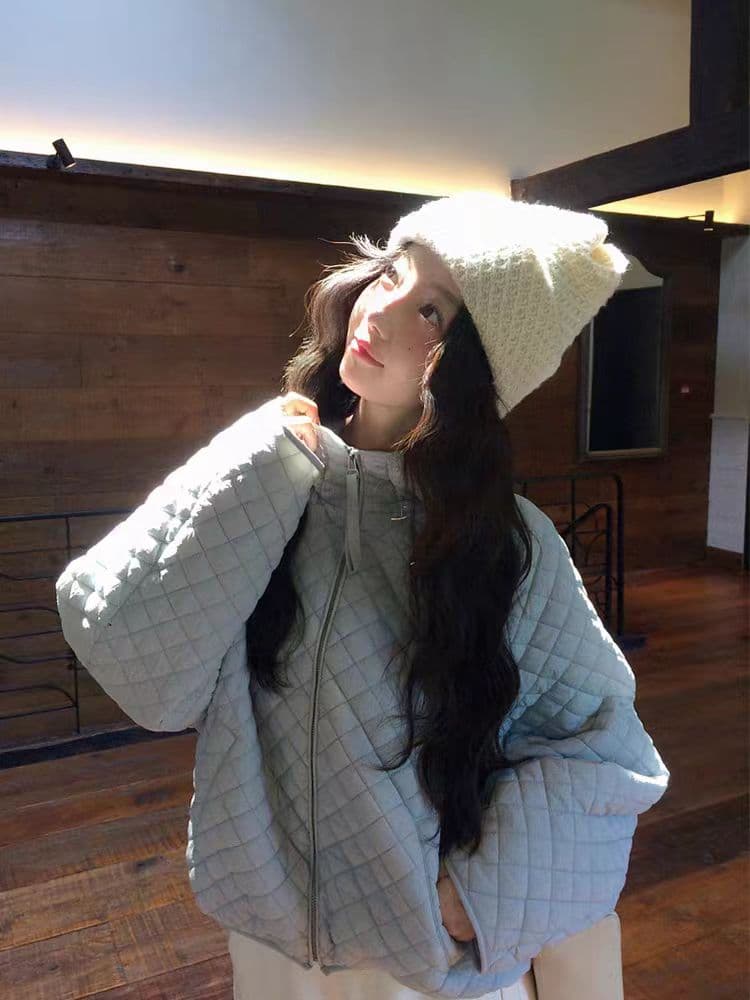 장 베이 베이 얇고 가벼운 버블 푸 링 그리드 후드 면 의류 루즈핏 슬림해 보이는 보온 한 부서 ins 바람 학생 면 옷 재킷 상세 이미지 17