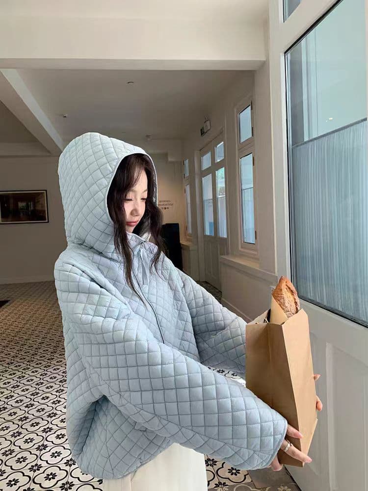 장 베이 베이 얇고 가벼운 버블 푸 링 그리드 후드 면 의류 루즈핏 슬림해 보이는 보온 한 부서 ins 바람 학생 면 옷 재킷 상세 이미지 20