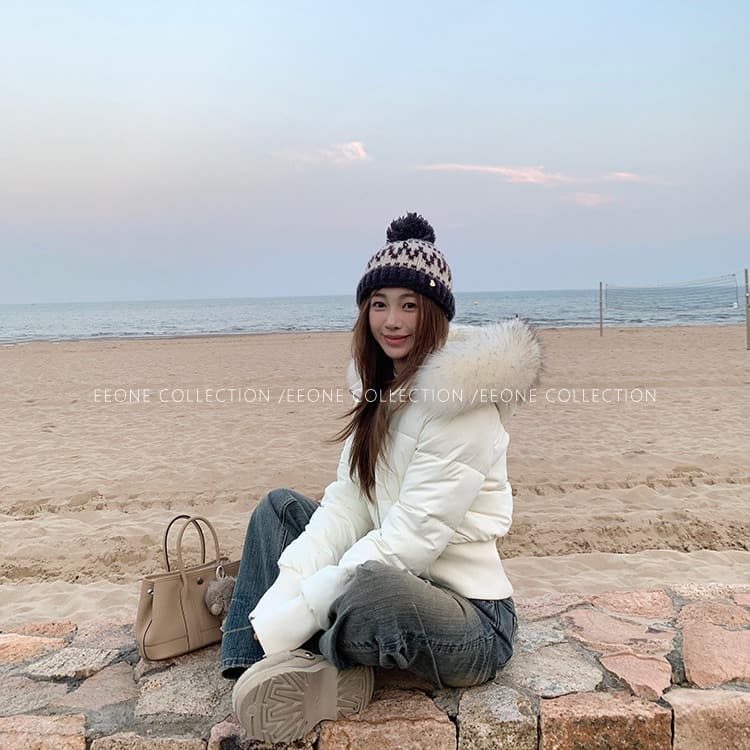 주 제 1 eeone 한 여성 일기 큰 모피 칼라 허리 수축 아래 면화 의류 이미지 5