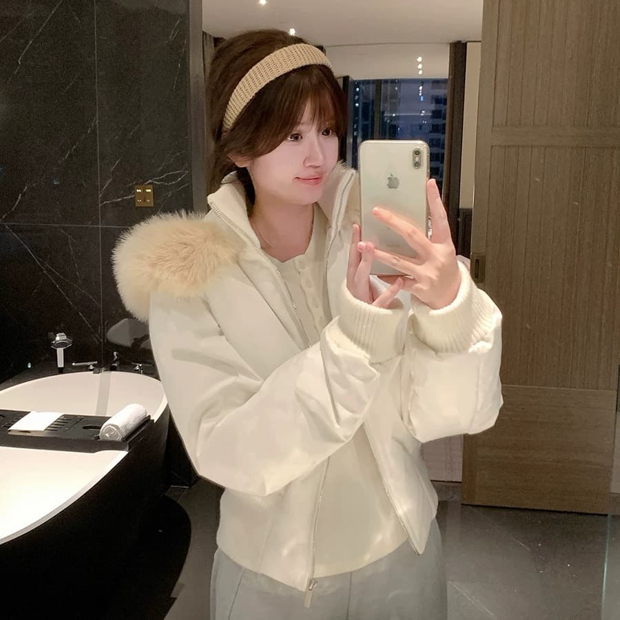 핑크색 모피 칼라 후드 쇼트 스타일 면 의류 여성 겨울 새로운 슈퍼 잘 생긴 허리 수축 재킷 큰 모피 칼라 아래 면화 의류 이미지 5