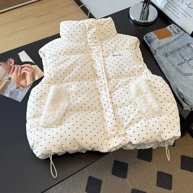 코듀로이 도트 무늬 면 조끼 여자 양털 폴로 칼라 어깨 가을 겨울 루즈핏 민소매 면 옷 외출용 조끼 자켓 상세 이미지 2