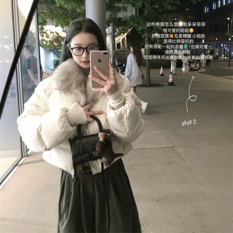 겨울 새로운 쇼트 스타일 아래 면화 의류 여성 모방 여우 모피 칼라 루즈핏 두꺼운 작은 키 한국 스타일 빵 외투 상세 이미지 1