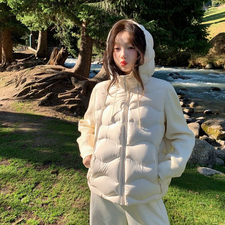 장 베이 베이 ibell 압력 접착제 서두르다 푹신한 연령 감소 보온 니트 패치워크 빛 아래 면화 의류 여성 코트 이미지 3