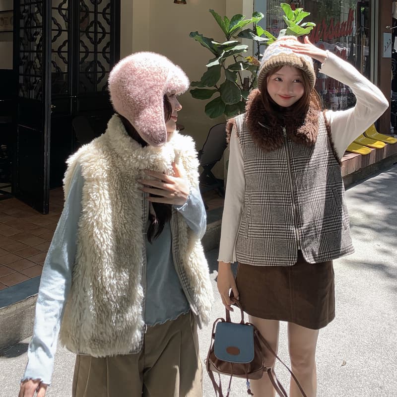 가을 겨울 새로운 양면 착용 천 그리드 버드 폴로 칼라 플리스 면 옷 베스트 조끼 여성 짧은 보온 한 부서 재킷 이미지 2