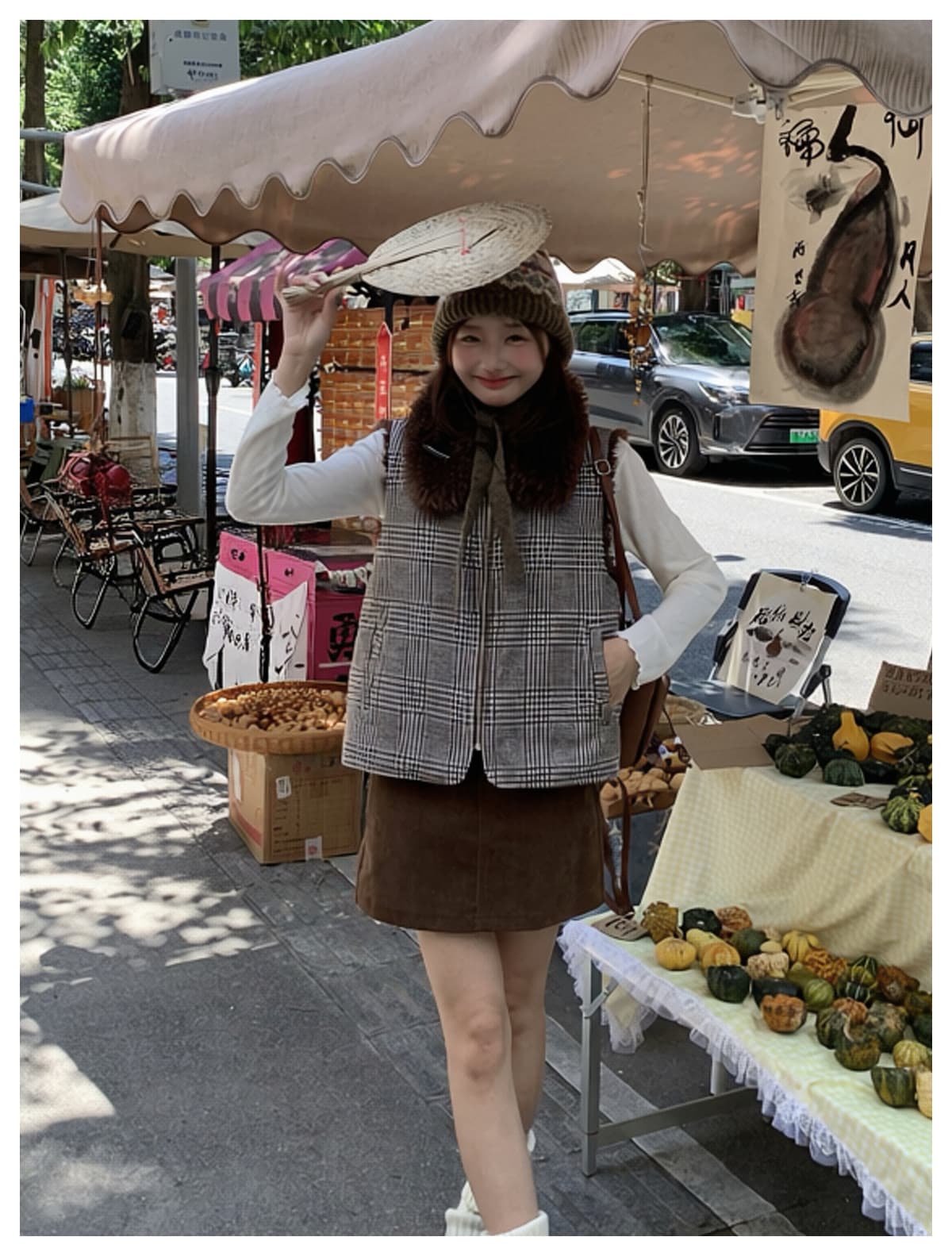가을 겨울 새로운 양면 착용 천 그리드 버드 폴로 칼라 플리스 면 옷 베스트 조끼 여성 짧은 보온 한 부서 재킷 상세 이미지 19