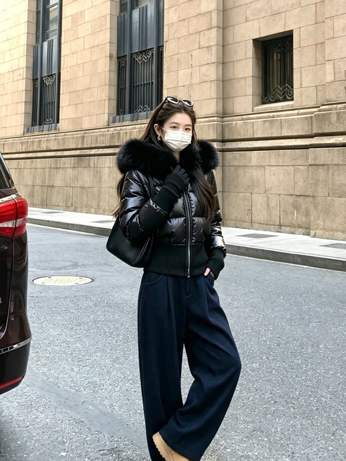 한 부서 네리 털이 있는 방수 가죽 표면 허리 수축 패딩 재킷 다운 코트 겨울 재킷 두꺼움 목화 진딧물 면 의류 여성 상세 이미지 9