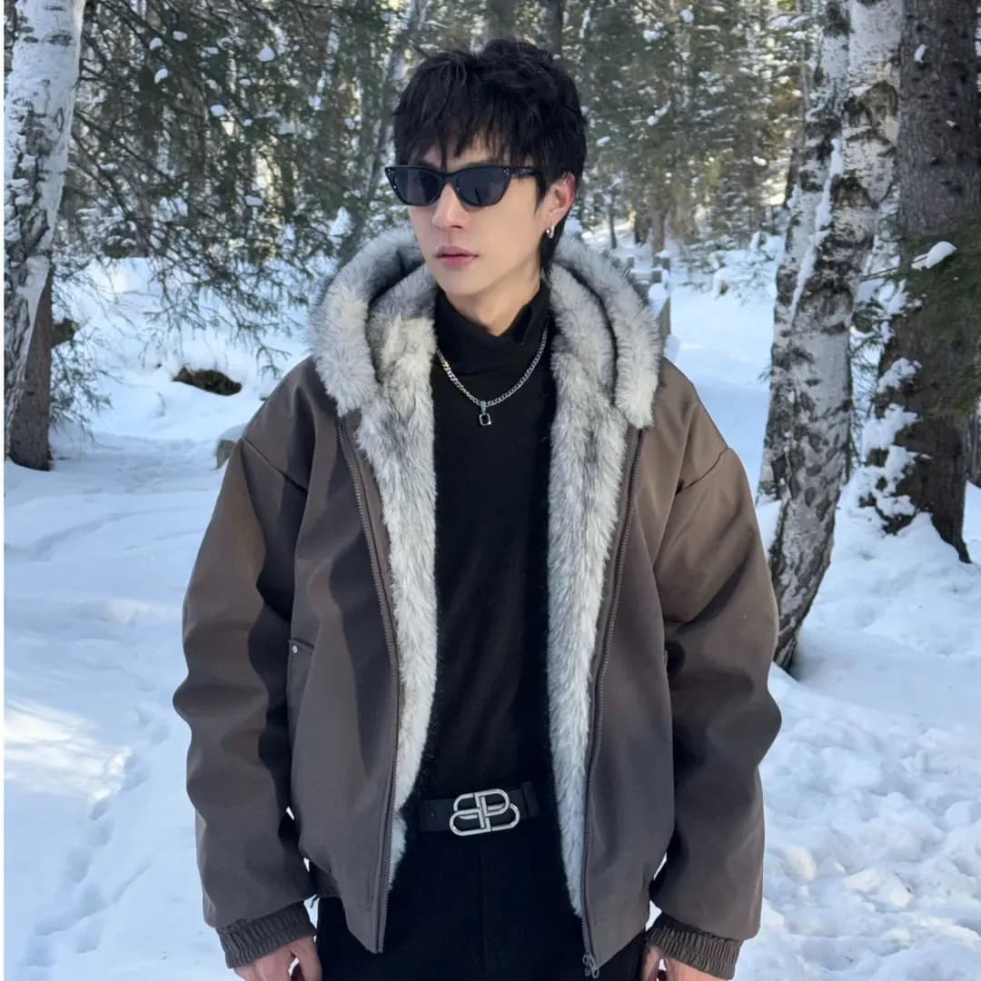 아메리칸 늑대 왕 모방 fall 털 후드 면 의류 남녀 겨울 털이 있는 좌 산 조각 면 옷 큰 모피 칼라 커플 두꺼움 재킷 이미지 2