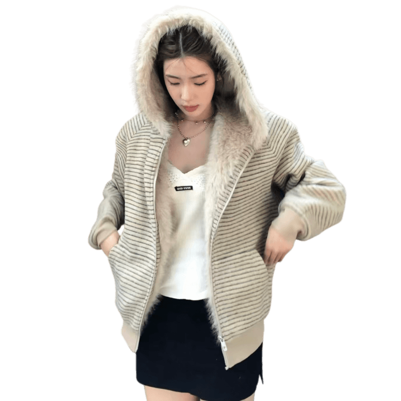 스트라이프 프로필 모양 모피 칼라 두꺼운 면 옷 남자 폭발 2026 새로운 좌 산 조각 여성 코트 머저리 이미지 6