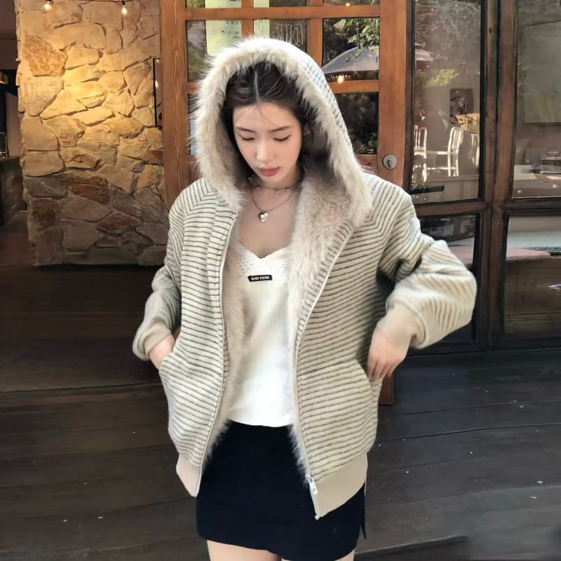 스트라이프 프로필 모양 모피 칼라 두꺼운 면 옷 남자 폭발 2026 새로운 좌 산 조각 여성 코트 머저리 이미지 2