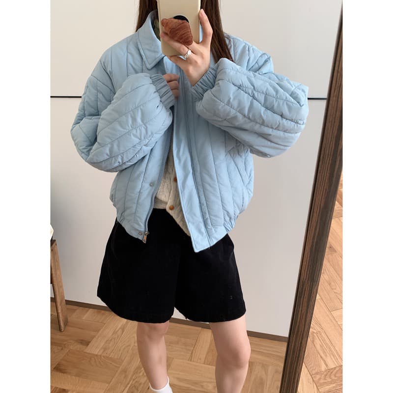 실사 색상 컬러 짜임 표 세로 줄무늬 Rational 겨울 폴로 칼라 작은 키 가벼움 면 의류 달콤함 한국 스타일 루즈핏 면 옷 재킷 이미지 2