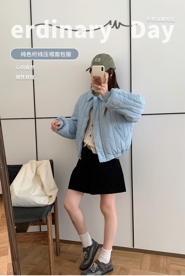 실사 색상 컬러 짜임 표 세로 줄무늬 Rational 겨울 폴로 칼라 작은 키 가벼움 면 의류 달콤함 한국 스타일 루즈핏 면 옷 재킷 상세 이미지 1