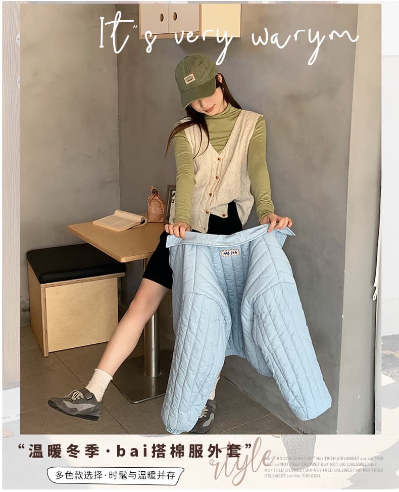 실사 색상 컬러 짜임 표 세로 줄무늬 Rational 겨울 폴로 칼라 작은 키 가벼움 면 의류 달콤함 한국 스타일 루즈핏 면 옷 재킷 상세 이미지 3