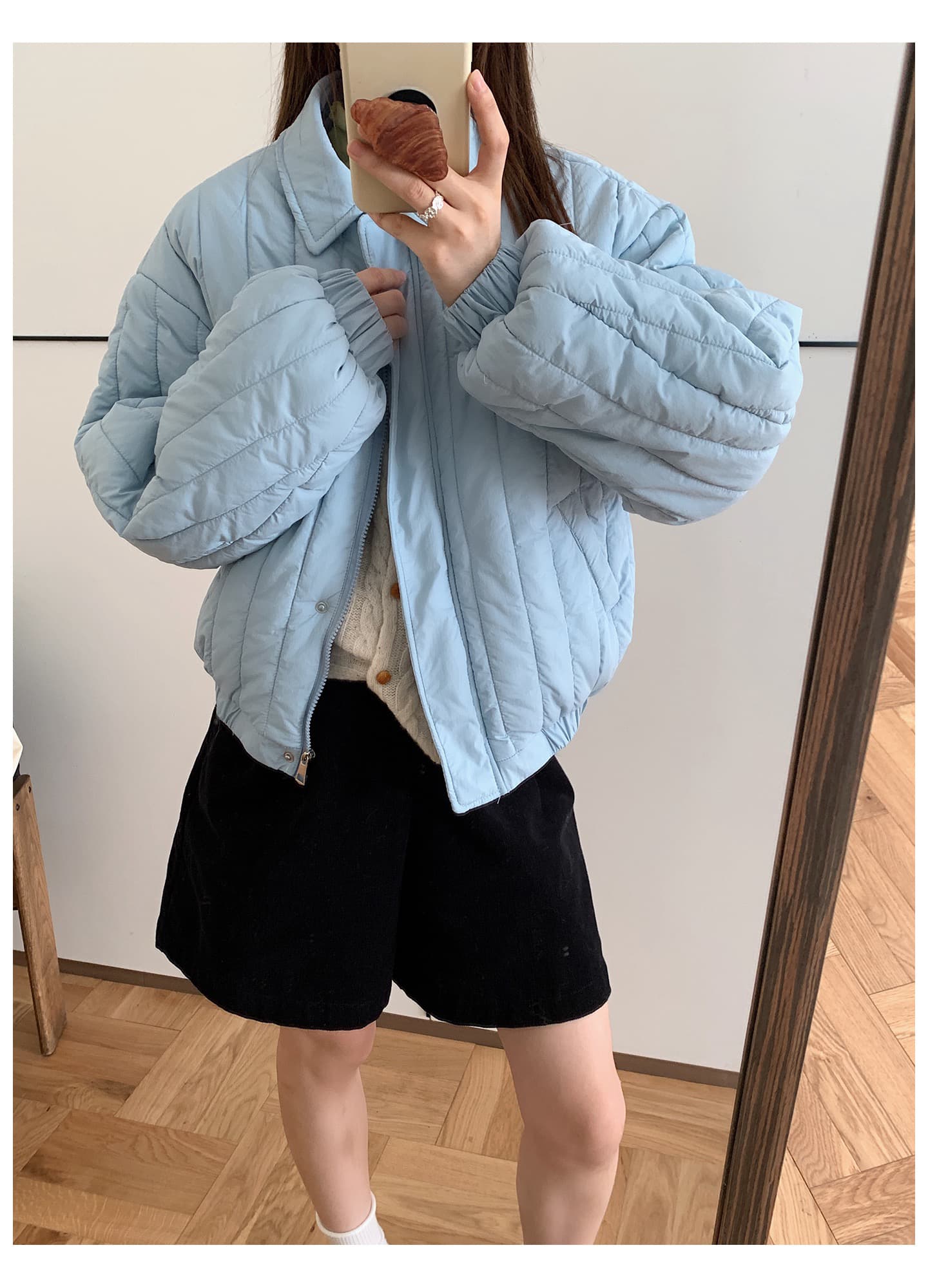 실사 색상 컬러 짜임 표 세로 줄무늬 Rational 겨울 폴로 칼라 작은 키 가벼움 면 의류 달콤함 한국 스타일 루즈핏 면 옷 재킷 상세 이미지 24