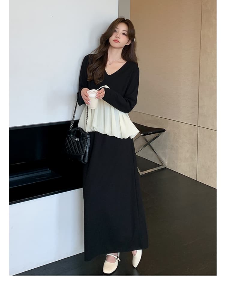 실사 지금 지금 봄 임산부 품격 패션 V넥 흑인과 백인 패치워크 긴팔 맨위 하이웨이스트 돼지 코 버클 반신 스커트 상세 이미지 19