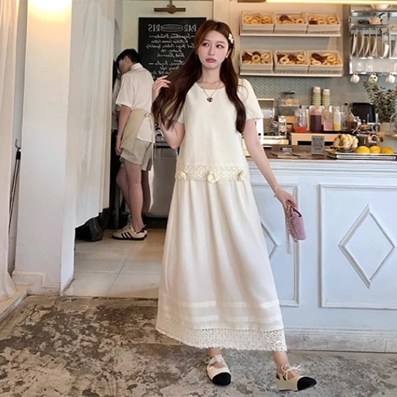 선물 물품 여름 새로운 질감 섹션 3 차원 장미 엠보싱 무거운 작업 거품 소매 라운드 넥 작은 셔츠 반신 치마 세트 이미지 3
