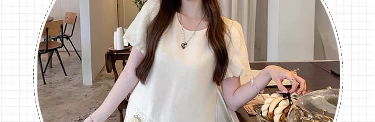 선물 물품 여름 새로운 질감 섹션 3 차원 장미 엠보싱 무거운 작업 거품 소매 라운드 넥 작은 셔츠 반신 치마 세트 상세 이미지 5