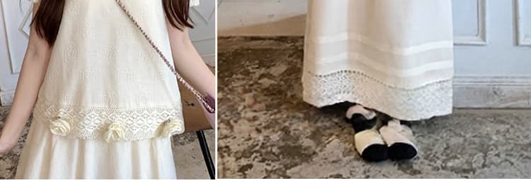 선물 물품 여름 새로운 질감 섹션 3 차원 장미 엠보싱 무거운 작업 거품 소매 라운드 넥 작은 셔츠 반신 치마 세트 상세 이미지 9