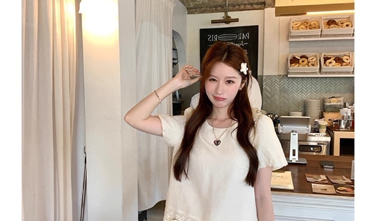 선물 물품 여름 새로운 질감 섹션 3 차원 장미 엠보싱 무거운 작업 거품 소매 라운드 넥 작은 셔츠 반신 치마 세트 상세 이미지 22