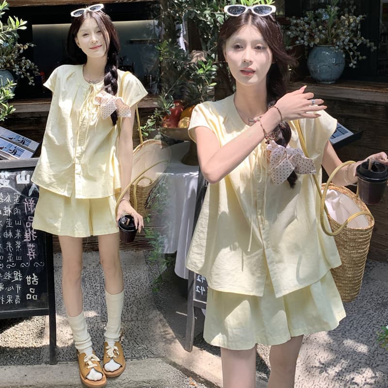 임산부 작은 키 세트 연령 감소 작은 청신 부주의 한 소매 셔츠 반바지 투피스 슈트