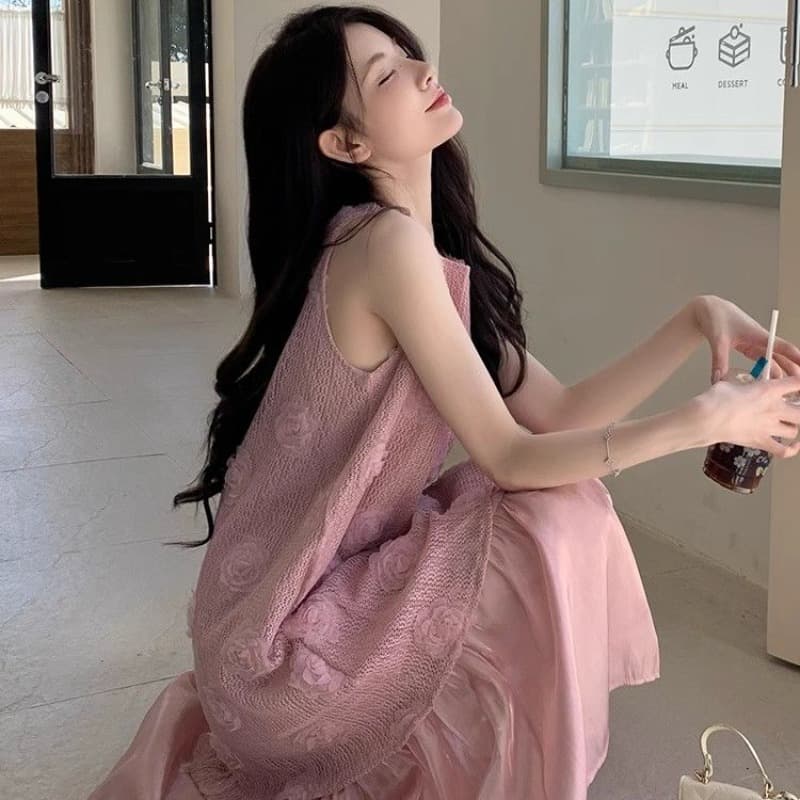 임산부 여름 프랑스식 레트로 부드러운 바람 페이크 레이어드 플리츠 민소매 조끼 원피스 품격 롱 스커트