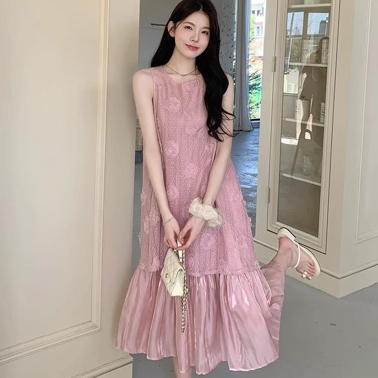 임산부 여름 프랑스식 레트로 부드러운 바람 페이크 레이어드 플리츠 민소매 조끼 원피스 품격 롱 스커트 이미지 2