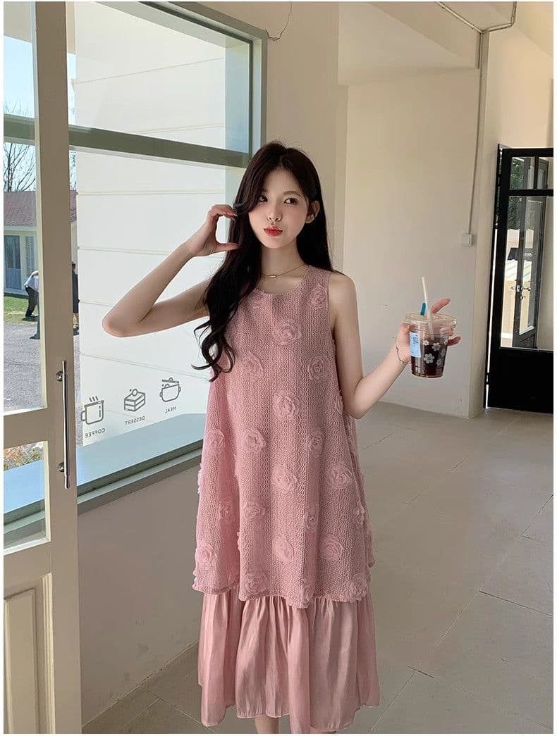 임산부 여름 프랑스식 레트로 부드러운 바람 페이크 레이어드 플리츠 민소매 조끼 원피스 품격 롱 스커트 상세 이미지 7