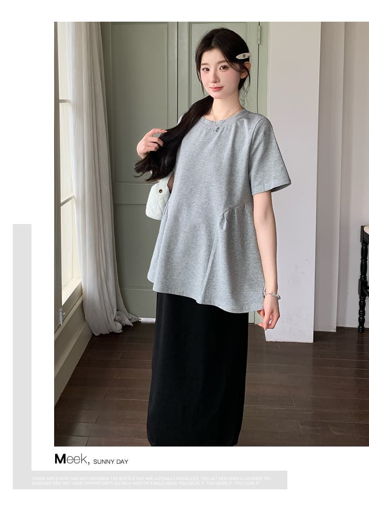 실사 지금 지금 여름 한국 스타일 루즈핏 슬림해 보이는 빅 사이즈 반팔 라운드 넥 트렌디 엄마 티셔츠 맨위 임산부 반신 스커트 상세 이미지 12