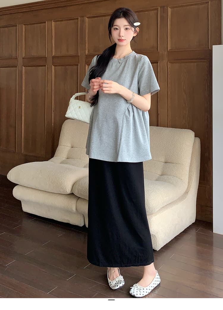 실사 지금 지금 여름 한국 스타일 루즈핏 슬림해 보이는 빅 사이즈 반팔 라운드 넥 트렌디 엄마 티셔츠 맨위 임산부 반신 스커트 상세 이미지 18