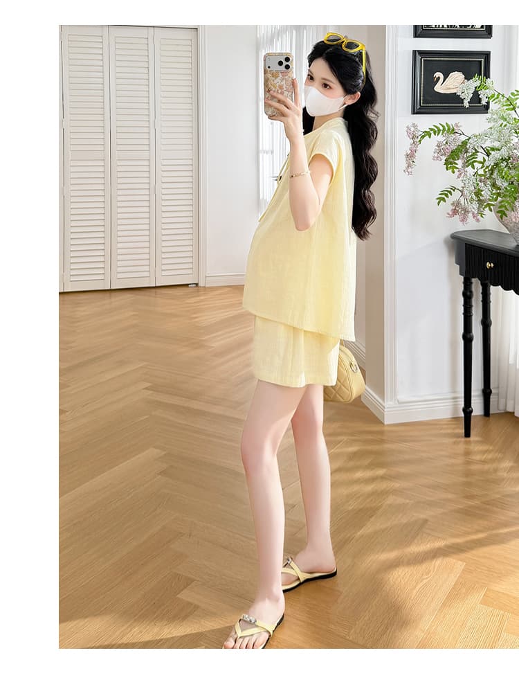 실사 지금 지금 새로운 임산부 작은 키 세트 연령 감소 작은 청신 부주의 한 소매 셔츠 반바지 투피스 슈트 상세 이미지 16