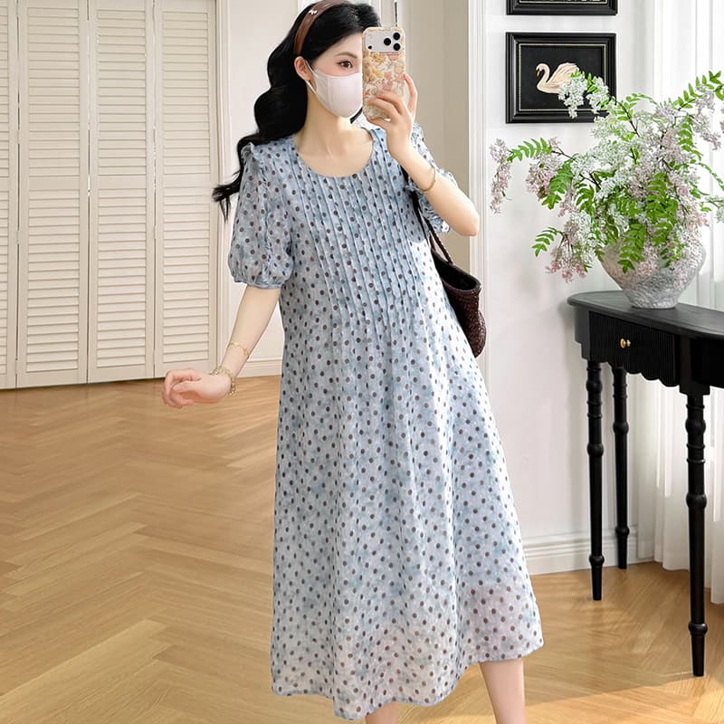 실사 지금 지금 2026 새로운 임산부 여름 드레스 임산부 도트 무늬 장기 Pleat 슬림해 보이는 프릴 드레스 이미지 3