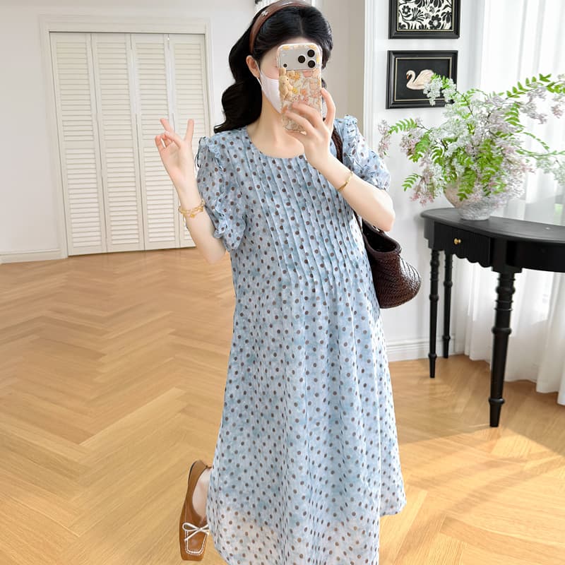 실사 지금 지금 2026 새로운 임산부 여름 드레스 임산부 도트 무늬 장기 Pleat 슬림해 보이는 프릴 드레스 이미지 5