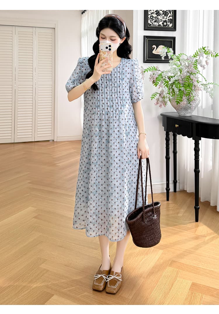 실사 지금 지금 2026 새로운 임산부 여름 드레스 임산부 도트 무늬 장기 Pleat 슬림해 보이는 프릴 드레스 상세 이미지 13