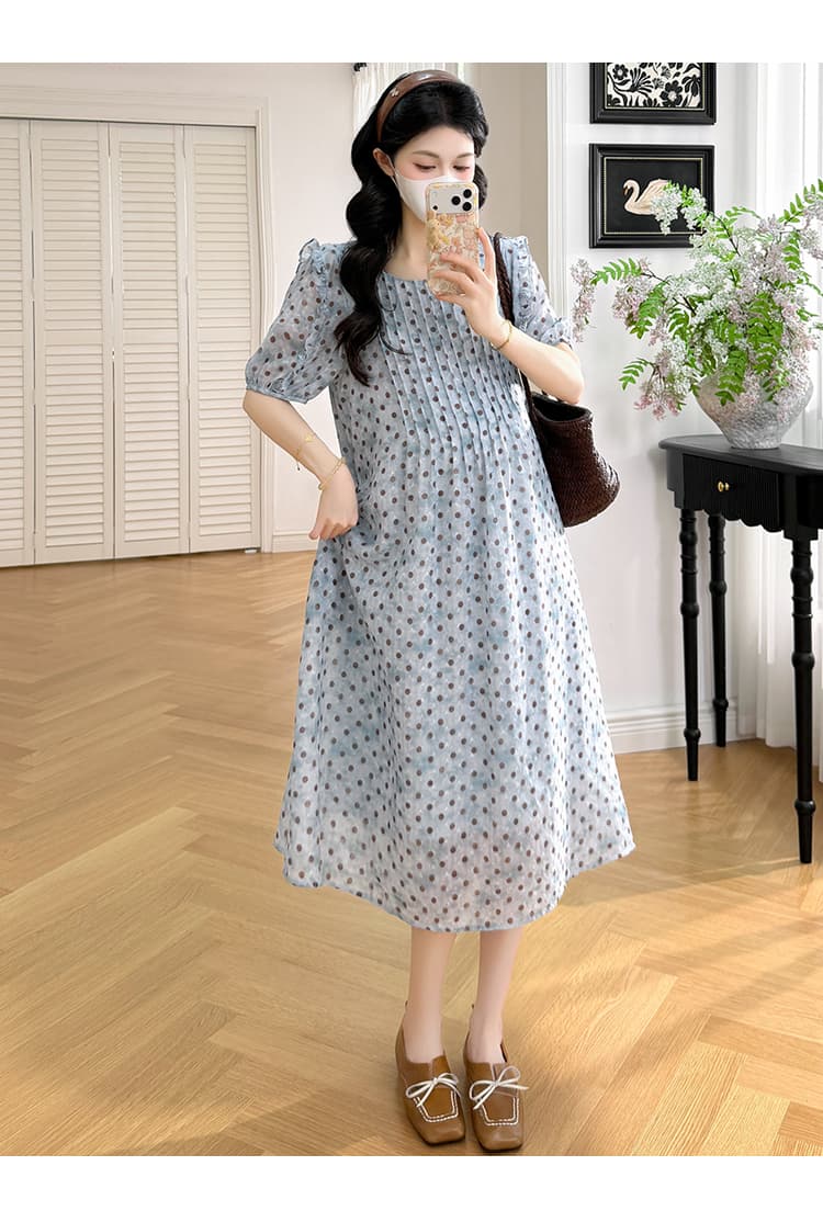 실사 지금 지금 2026 새로운 임산부 여름 드레스 임산부 도트 무늬 장기 Pleat 슬림해 보이는 프릴 드레스 상세 이미지 14